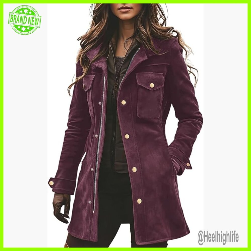 Retro Faux Suede Leather Jacket Zip Up Military Utility Safari Midi Shacket